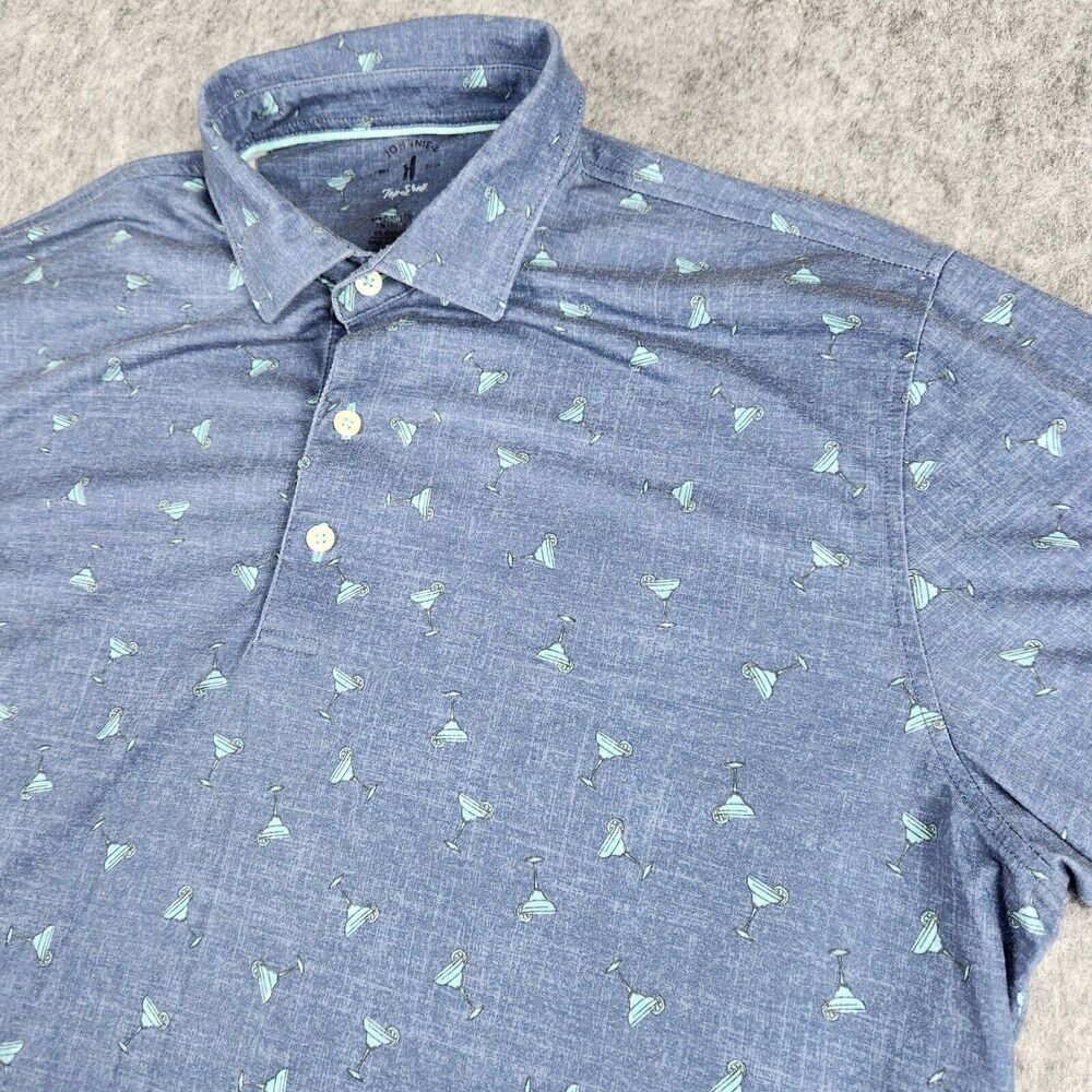 Johnnie-O Shirt Mens Large Blue Top Shelf Polo Martini Print Golf Performance‎